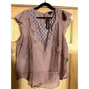 Plus size short flutter sleeve round neck ruffle and lace detail top Mauve -  2X